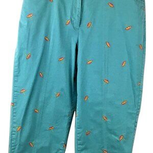 Onque Casuals Tropical Teal Blue Capris, Coral Embroidered Umbrellas 14 GUC